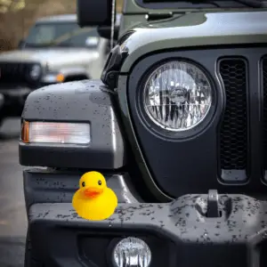 Rubber duck sitting on Front Pumber of Jeep
