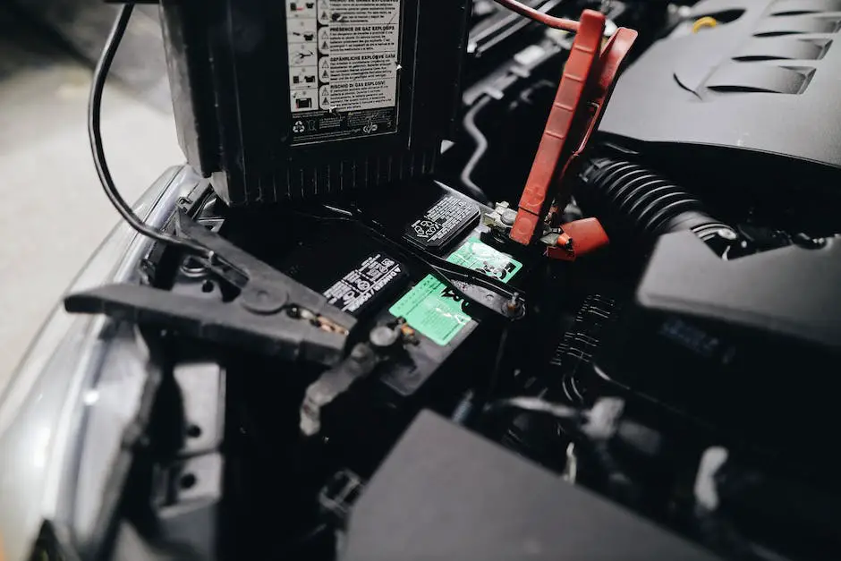A close-up image of a car battery showing the terminals and connectors